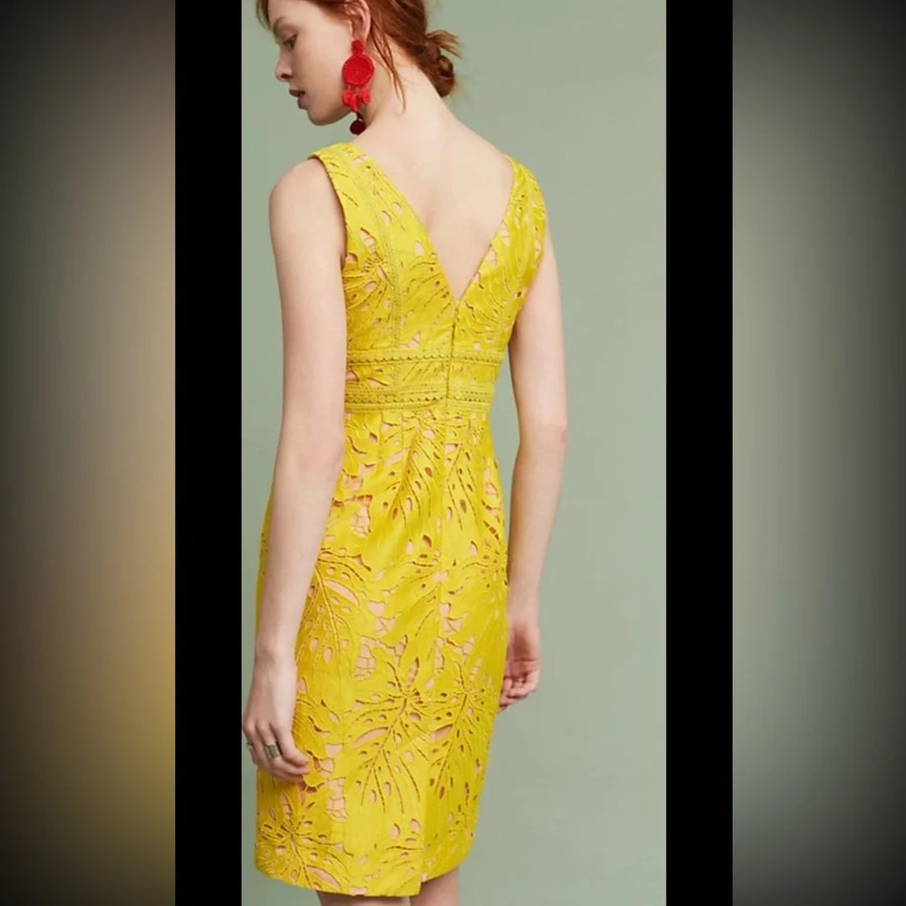 MAEVE Anthropologie Gardenia Lace Overlay Dress Sleeveless Column V Yellow